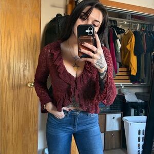 Elegant Burgundy Lace Ruffle Top
